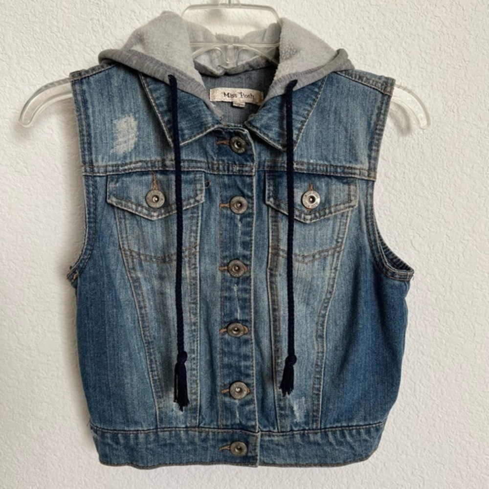 Miss Posh Denim Jean Vest Gray Jersey Hood  Distressed Pockets Girls Small